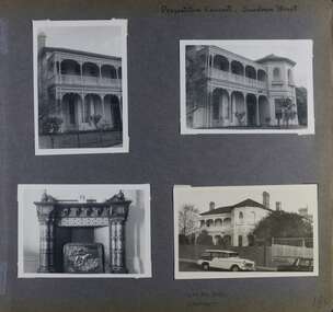 Street and garden views of the front of 2 storey old mansion plus one of a highly decorative fireplace and mantelpiece