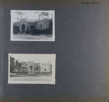 2 photos - slightly different views of the front of a single storey grand home in its front garden, likely taken years apart because of the different plants