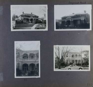 4 photos - 2 different front views of an old single storey brick home with decorative large verandah and 2 different views of an old 2 storey large home and its garden