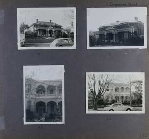 4 photos - 2 different front views of an old single storey brick home with decorative large verandah and 2 different views of an old 2 storey large home and its garden