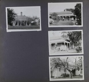 4 photos - 1 view of an old home and garden from the street and 3 views of a different old home in its garden from different angles