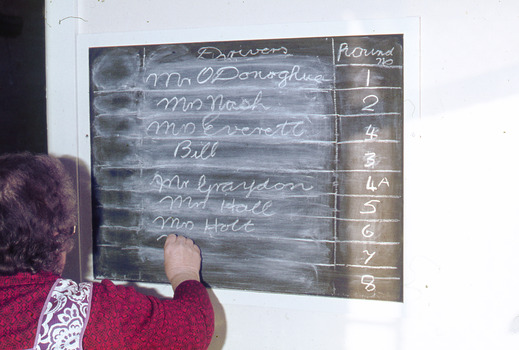 Women in a red top writing drivers names on a blackboard.