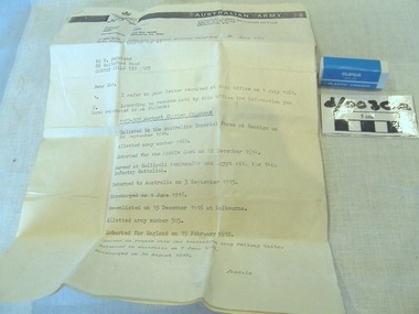 Letter from Australian Army sent with Medallion d/0030
