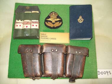 Bible,Hat R.A.A.F badge and playing cards and a set of 3 leather pouches