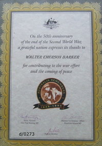 Certificate, 50th Anniversary of WWII Service Certificate