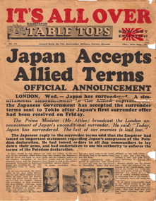 Table Tops Newspaper, Table Tops Balikpapan Tuesday 6th August 1945