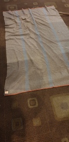 Textile - Grey Woollen Blanket with blue stripes and red trim, Woollen Blanket used at Changi POW camp belonging to William "Bill" Goodwin