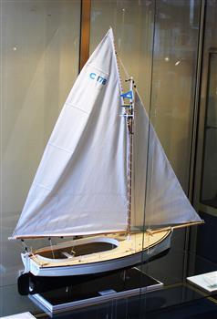 Top rear view of wooden model in glass case.  The model is of a couta boat 'Maud' which was made by Malcolm Gibson in 2012 in Geelong.