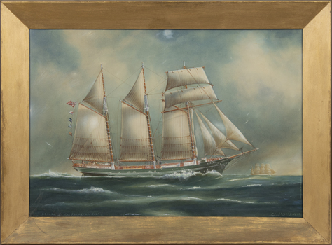 Water colour painting of the schooner Gerard by A. V. Gregory in a wide gold coloured timber frame.