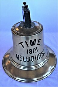 Brass bell from the SS Time with black inscription: 'Time 1913 Melbourne'