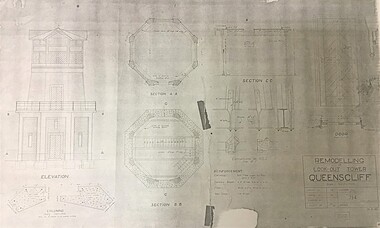 Front elevation and sections of the plan for the remodeling of the Look-out Tower in Queenscliff.