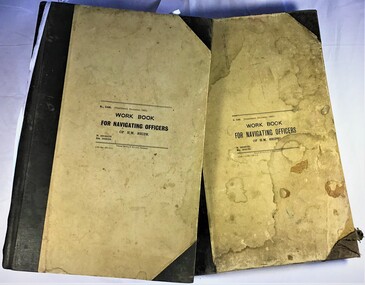 Two bound registers entitled 'Work Book; For Navigational Officers of HM Ships'. Beige cover with Black corners and spine. 