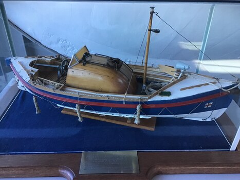 A hand made model of the lifeboat 'Oakley' which operated in the UK by the RNLI from 1958 to 1993. 