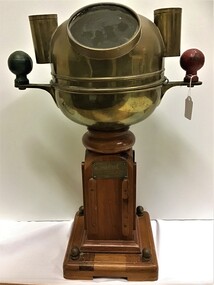 4 views of binnacle; side, top, detail of compass and plaque.
