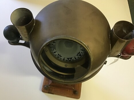 4 views of binnacle; side, top, detail of compass and plaque.