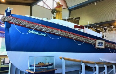 Front, bottom view of the Watson Class Lifeboat which operated in Queenscliffe from 1956 to 1976.