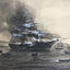 Water colour painting in black and white depicting a burning sailing ship at sea surrounded by rescue vessels some containing survivors boats 