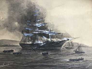 Water colour painting in black and white depicting a burning sailing ship at sea surrounded by rescue vessels some containing survivors boats 