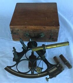 Three top views of sextant and its timber box