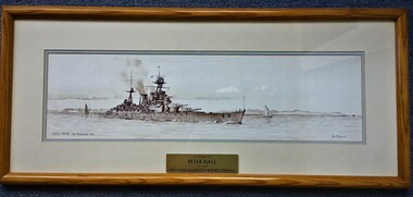 Framed watercolour painting of HMS Hood at Port Phillip Heads in 1924. Inscription reads: "In Memory of Peter Nall, 1954-2002 who loved Queenscliff and Point Lonsdale