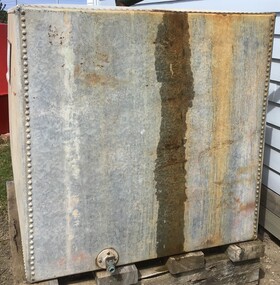 These strong riveted and sealed iron boxes were made in England in the 1930s to ensure overseas cargoes such as china, pottery, fabrics, tea and sugar were not damaged by sea water. Clever Australians later converted them to water tanks.