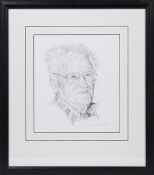 Framed pencil drawing of prominent Queenscliff fisherman Frank Ferrier. One of a series of 10 drawings entitled 'The Old Salts'