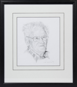 Framed pencil drawing of prominent Queenscliff fisherman Frank Ferrier. One of a series of 10 drawings entitled 'The Old Salts'