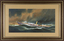 A framed painting of the Pilot Vessel 'Alvina in heavy seas' by A V Gregory. The frame is made of timber and is brown with gold trim. gold 