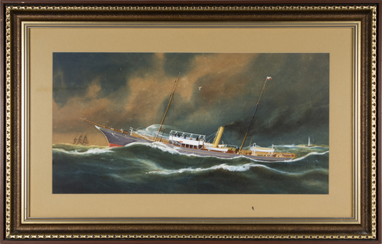 A framed painting of the Pilot Vessel 'Alvina in heavy seas' by A V Gregory. The frame is made of timber and is brown with gold trim. gold 
