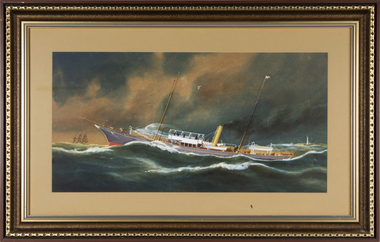 A framed painting of the Pilot Vessel 'Alvina in heavy seas' by A V Gregory. The frame is made of timber and is brown with gold trim. gold 