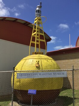 Two large yellow marker buoys, one welded and the other spherical and riveted with a light on top of a mast. These were used to indicate the gas pipeline which runs across Port Phillip Bay between Mordialloc to Altona.