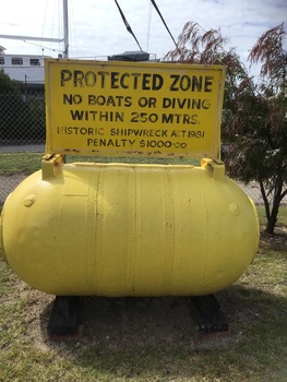 7 assorted marker buoys of various shapes and colours; black, green, red and yellow. Two are made of steel and 5 of fibreglass.