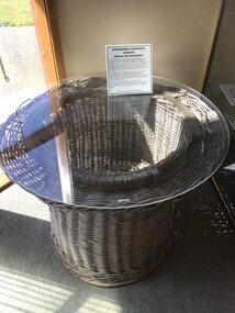 Wicker basket containing long line with attached hooks [shown with safety Perspex barrier for display]