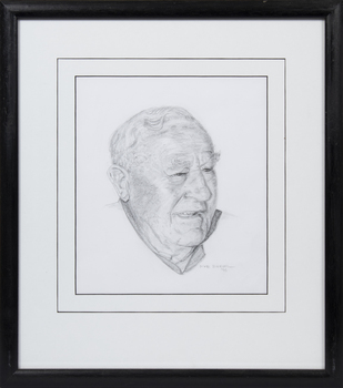 Framed pencil drawing of prominent Queenscliff fisherman Alan Wells. 