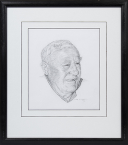 Framed pencil drawing of prominent Queenscliff fisherman Alan Wells. 