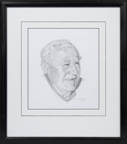 Framed pencil drawing of prominent Queenscliff fisherman Alan Wells. 