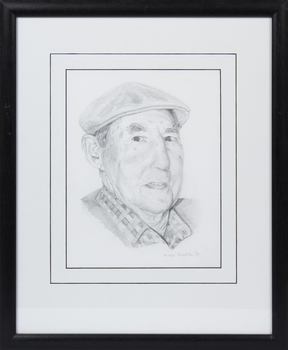 A framed pencil drawing of Charlie Zanoni signed by the artist, one of a series of 10 pencil drawings entitles 'The Old Salts' of prominent Queenscliffe fishermen 