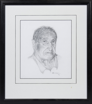 Framed pencil drawing of prominent Queenscliff fisherman Colin 'Steak' Shapter. 