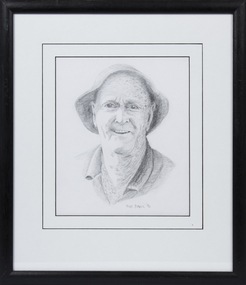 Framed pencil drawing of prominent Queenscliff fisherman Ron 'Bluey' Welch signed by artist Dr Mike Birrell 1996. 