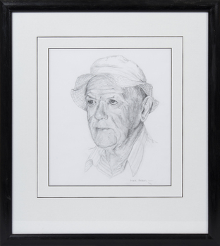 Framed pencil drawing of prominent Queenscliff fisherman 'Young' Les Wright signed by artist Dr Mike Birrell 1996. 