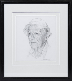 Framed pencil drawing of prominent Queenscliff fisherman 'Young' Les Wright signed by artist Dr Mike Birrell 1996. 
