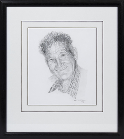 Framed pencil drawing of prominent Queenscliff fisherman Lewis Ferrier signed by artist Dr Mike Birrell 1996.