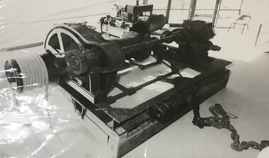 A black and white photograph of the Queenscliffe Lifeboat motor winch originally from the lifeboat shed.
