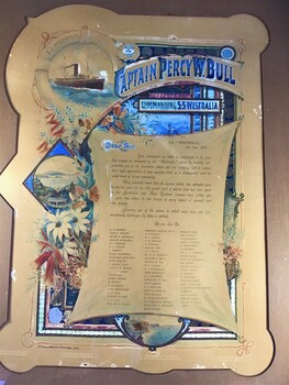 Detail from the  framed illuminated address given by the passengers on his promotion in 1898.
