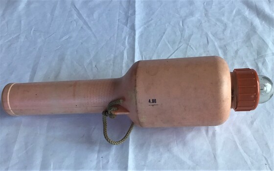 A battery operated emergency life buoy light with pink container and red light fastener