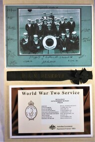 Display board containing a signed photograph of the HMAS Goorangai ships company, a uniform hat band belonging to Signalman Jack Herbert Dungey RAN and an extract from his service record.