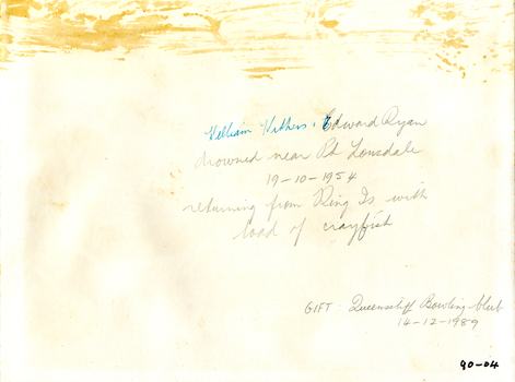 Inscription on the back of a photograph of two Queenscliff fishermen, William Withers and Edward Ryan stacking crayfish pots.
