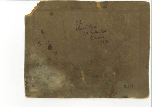Rear of photograph with inscription in blue ink " Gift, Miss C Hawk, 29 Potter Ave, Rosebud 3939". 85-02