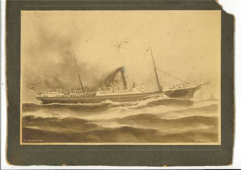 Sepia style print of original painting, mounted on cardboard , shows steam ship in a sea swell travelling left to right, showing the starboard side of the boat
