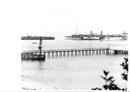 Photograph of the Queenscliffe wharfs in 1903 showing two ships but focused upon the "HYGEIA"